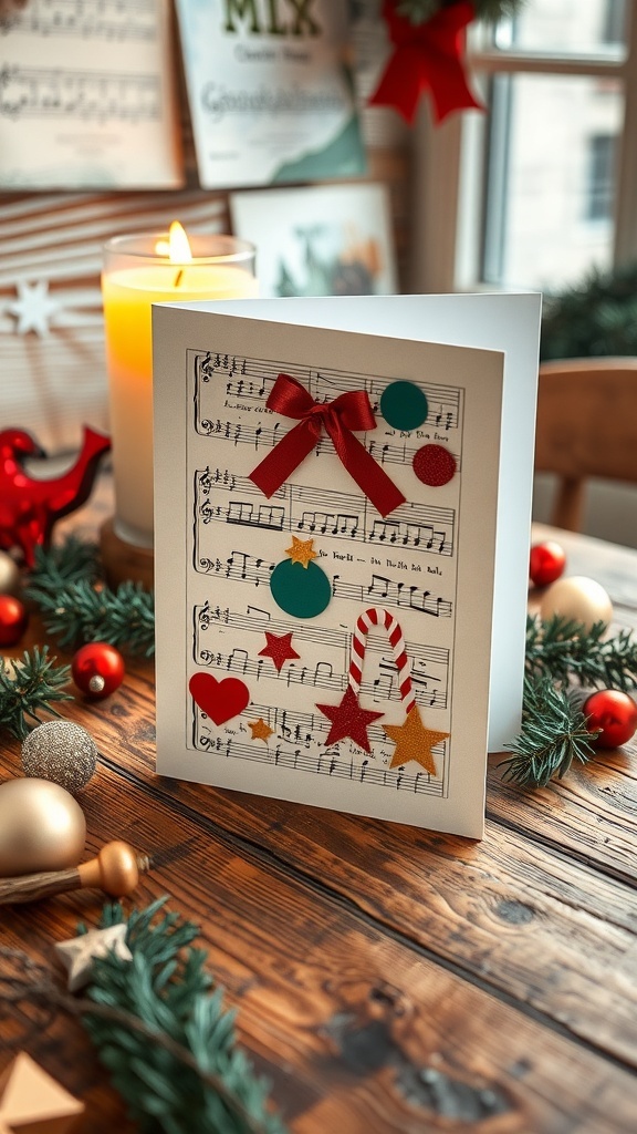 A handmade Christmas card using sheet music, decorated with ribbons and holiday embellishments on a wooden table.